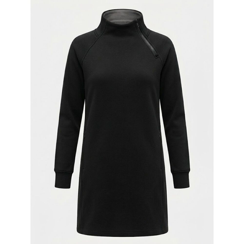 Athleta Black Asymmetric Zip Funnel Neck Fleece Sweater Tunic Dress Womens M